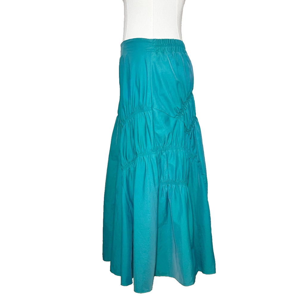 Teal Green Nylon Gathered Pull On Peasant Boho Maxi Skirt Small - Picture 6 of 7